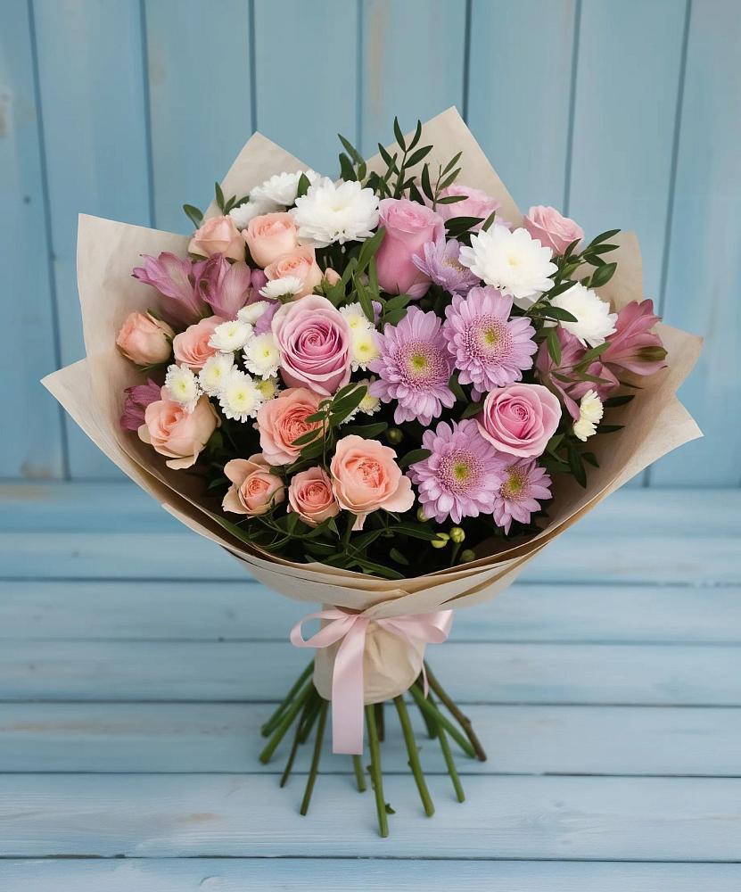 Букет цветов из: Хризантемы, Розы и Альстромерии в Приютово