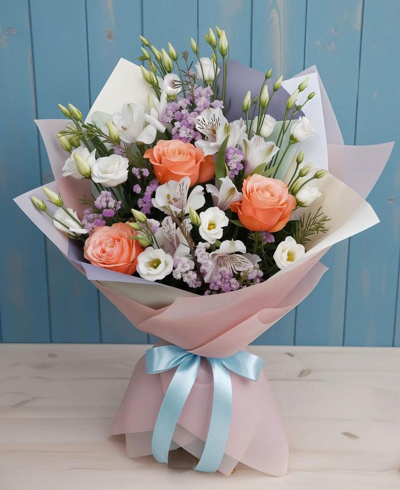 Букет цветов из: Лизиантусы, Розы, Альстромерии и Гипсофила в Приютово