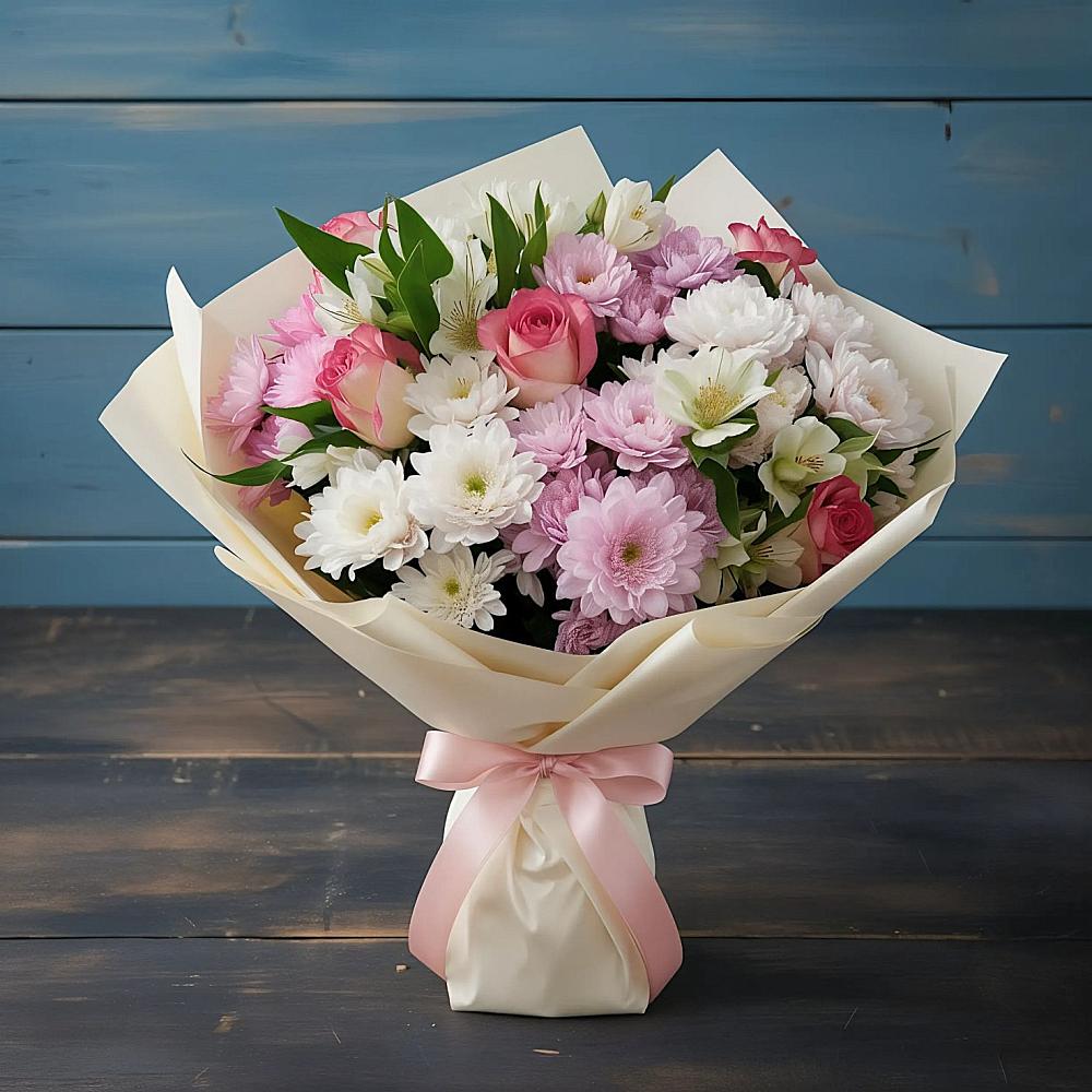 Букет цветов из: Хризантемы, Альстромерии и Розы в Приютово